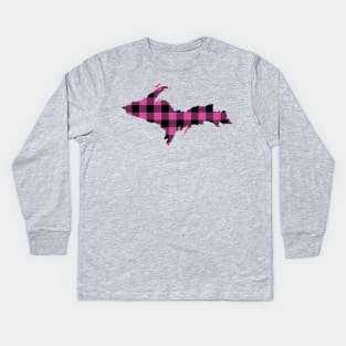 Upper Peninsula of Michigan Pink Flannel State Kids Long Sleeve T-Shirt